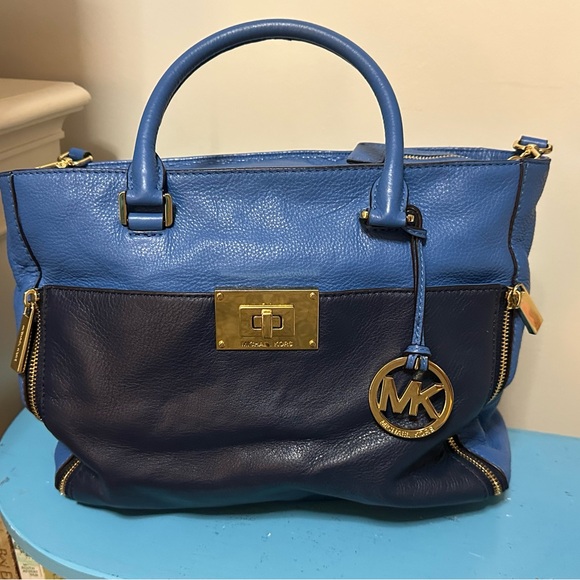 Michael Kors Women's Hamilton Handbag Navy Saffiano Leather Padlock Satchel - Picture 1 of 14
